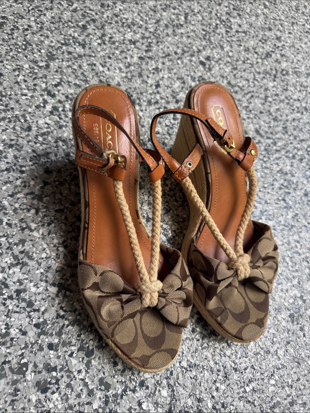 Coach Brown Monogram Rope T-Strap Wedge Sandals